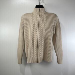Lands' End Cable Knit Ivory Front Zip Cardigan Preppy Cotton, Vintage